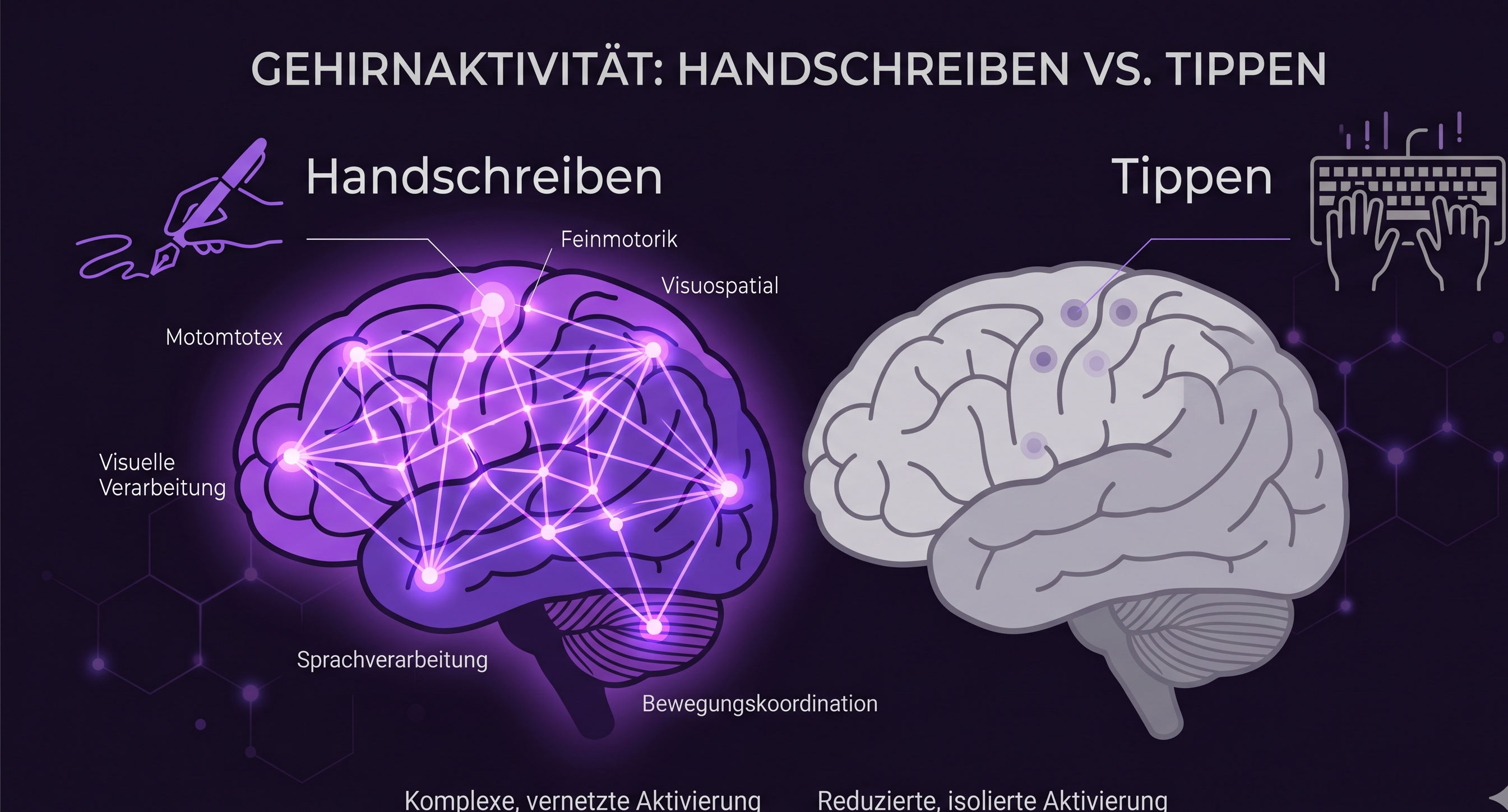 Infografik: Aktivierte Hirnregionen beim Handschreiben vs. Tippen