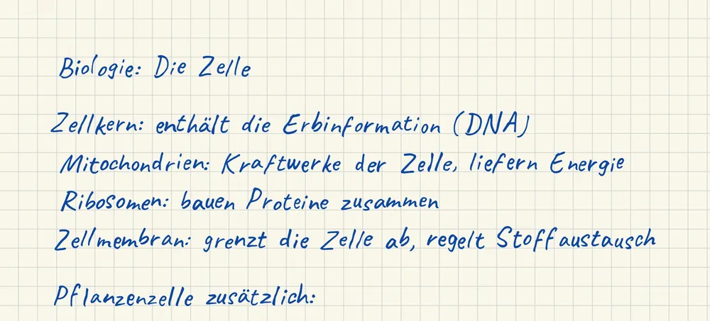 Lernzettel zur Zelle in blauer Handschrift auf kariertem Papier, mit GPTGenie erstellt
