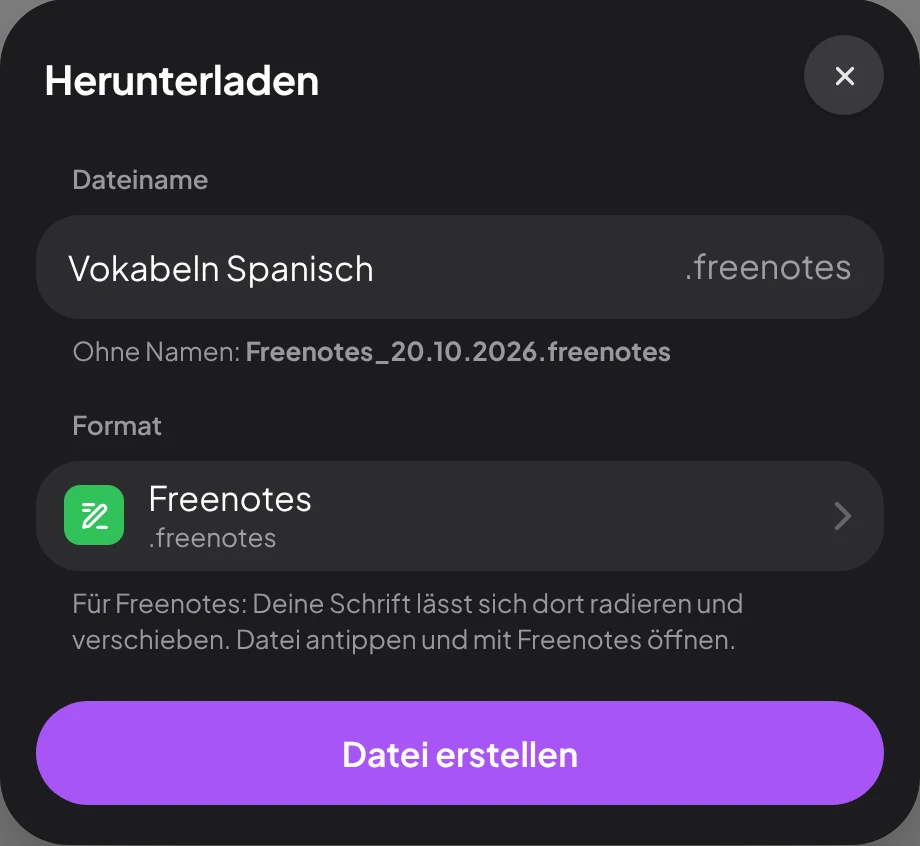 Download-Fenster von GPTGenie mit gewähltem Format Freenotes