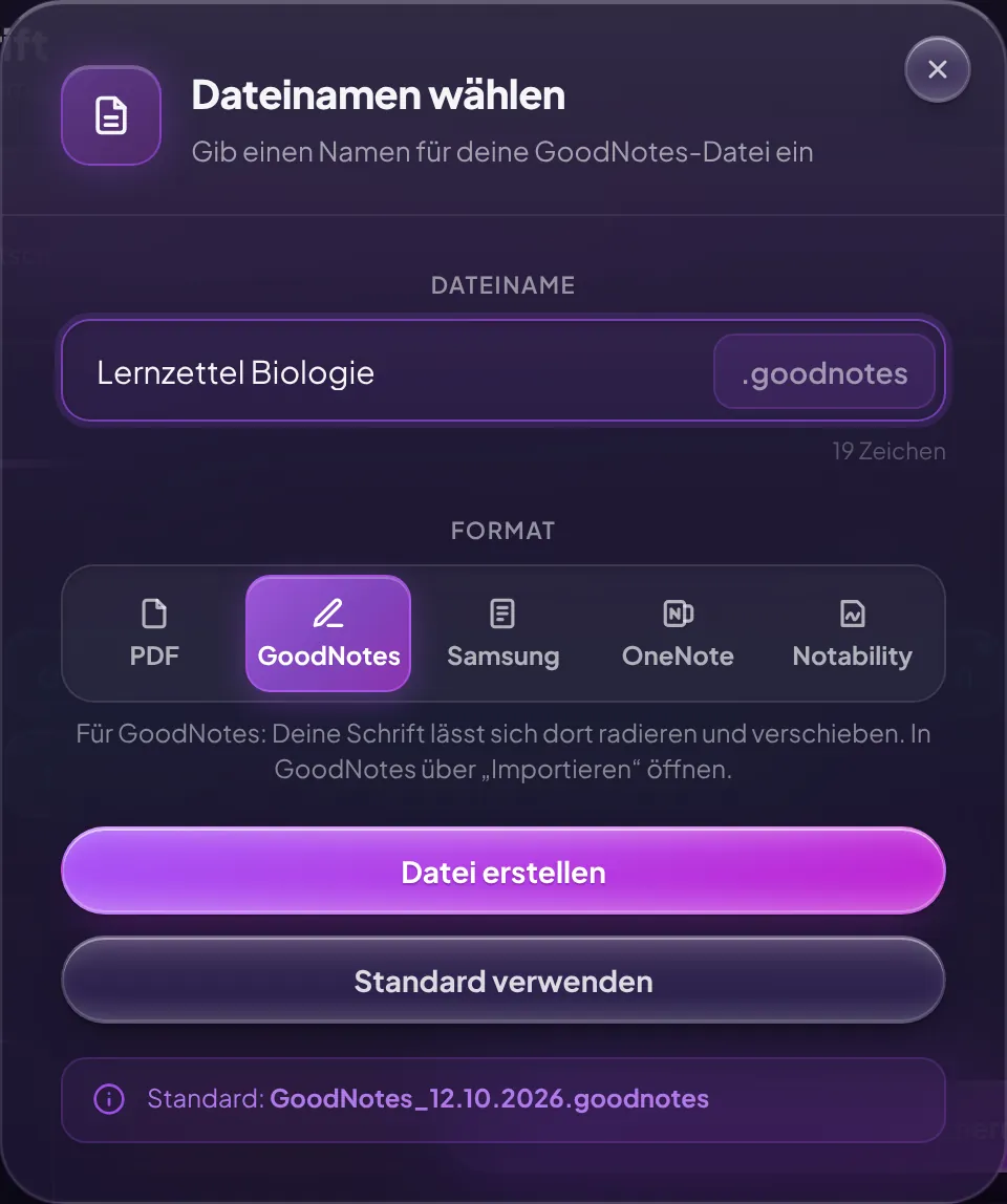 Download-Fenster von GPTGenie mit gewähltem Format GoodNotes