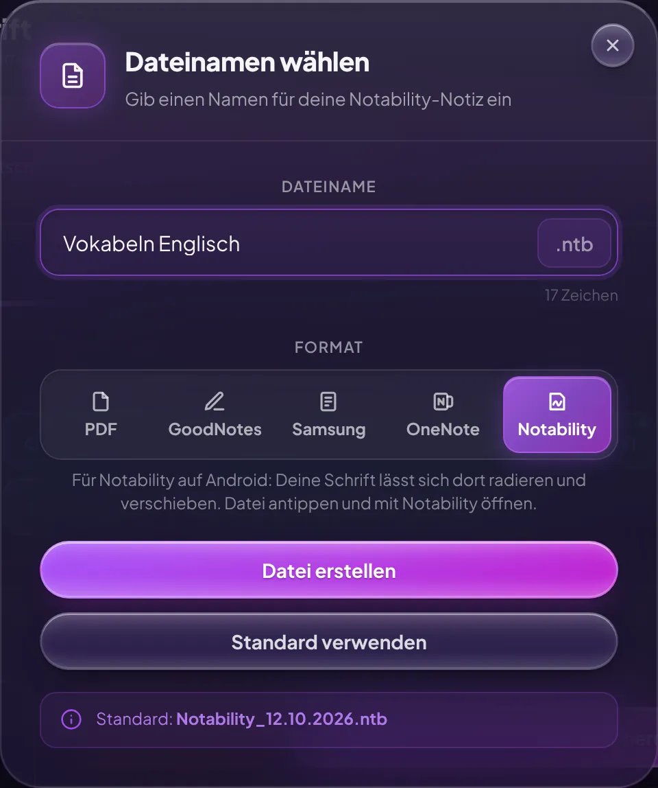 Download-Fenster von GPTGenie mit gewähltem Format Notability