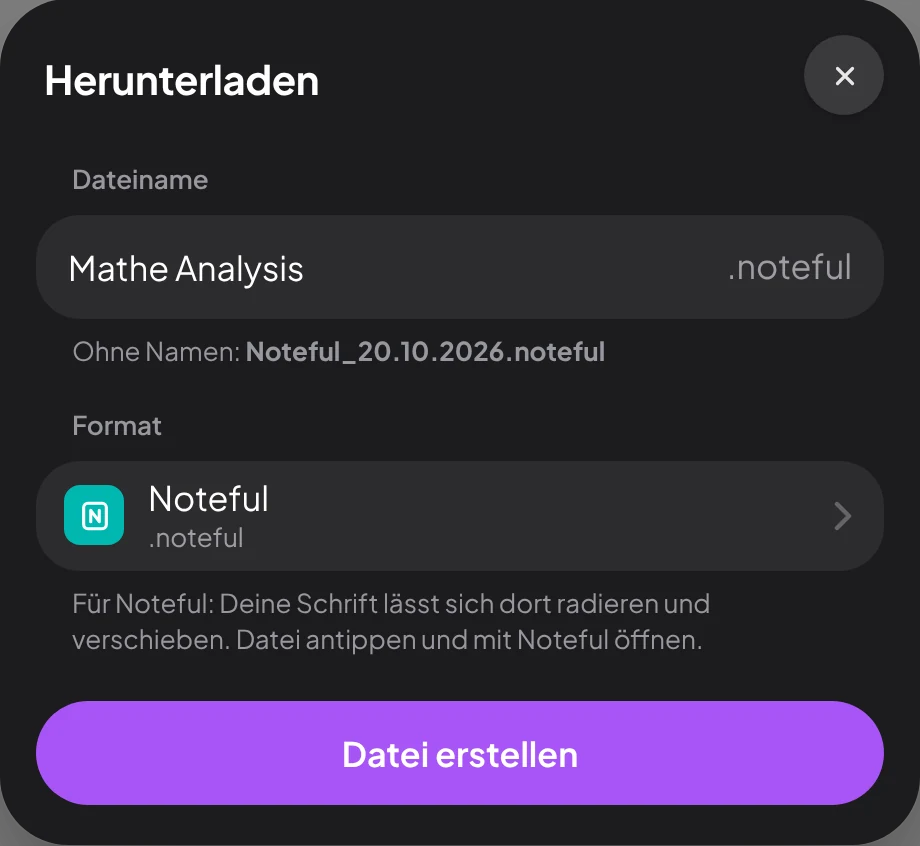 Download-Fenster von GPTGenie mit gewähltem Format Noteful