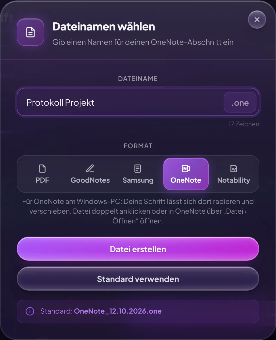 Download-Fenster von GPTGenie mit gewähltem Format OneNote
