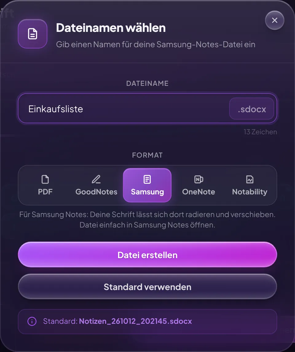 Download-Fenster von GPTGenie mit gewähltem Format Samsung